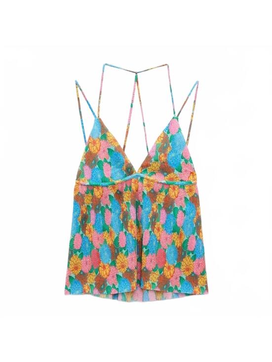 Zara Tops - Zara Bright Floral Camisole Top Blue Orange Multi Color Strappy Cami Small